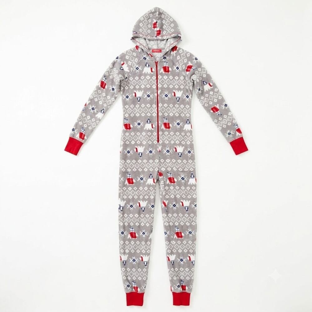 Macys Family PJs Polar Bear Fair Isle Fleece Union Suit Gray Hooded Womens XS